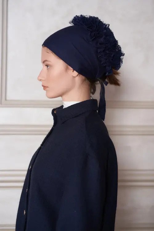 Practical Bun-Style Ruffled Cotton Hijab Bonnet - Navy Blue