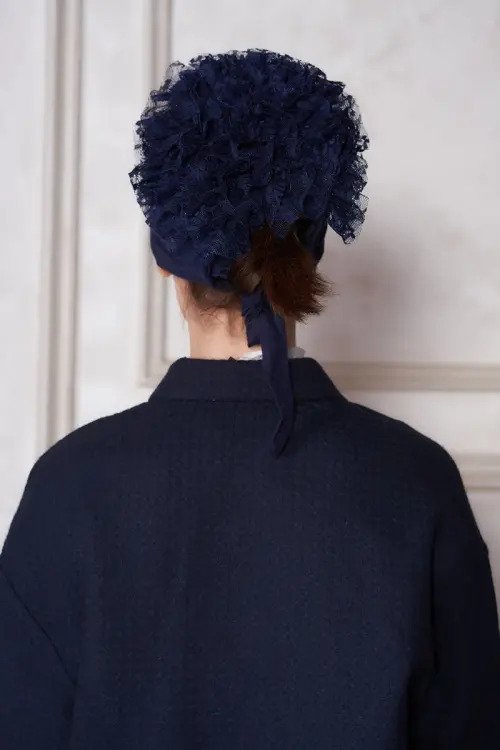 Practical Bun-Style Ruffled Cotton Hijab Bonnet - Navy Blue