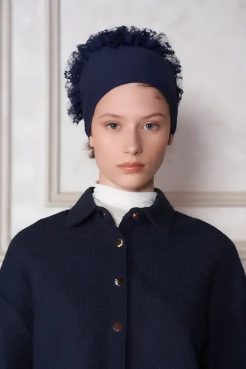 Practical Bun-Style Ruffled Cotton Hijab Bonnet - Navy Blue