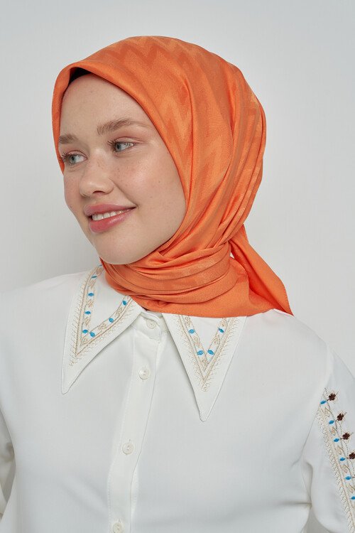 Pamuklu Eşarp Zikzak Desen - Şeftali