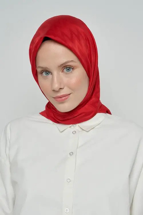 Pamuklu Eşarp Zikzak Desen - Kırmızı