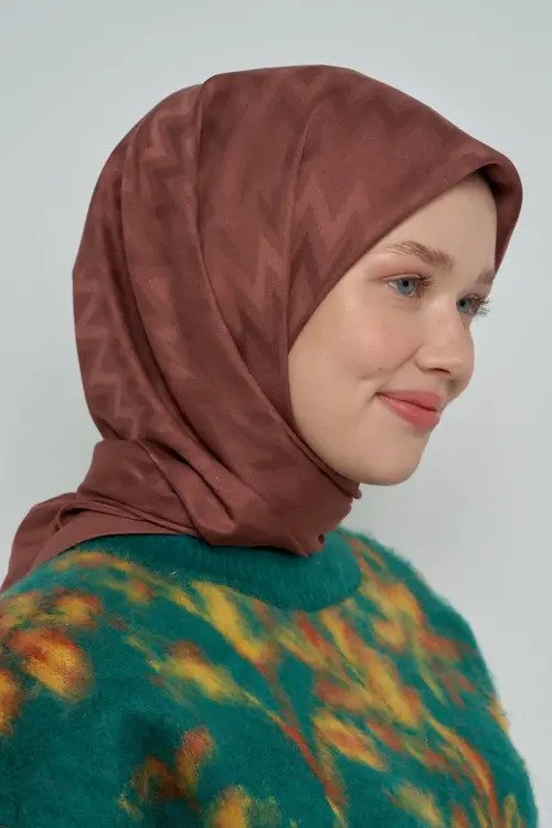 Pamuklu Eşarp Zikzak Desen - Kahverengi