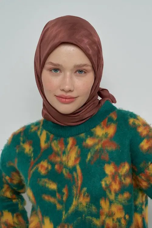 Pamuklu Eşarp Zikzak Desen - Kahverengi