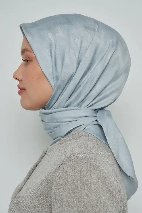 Pamuklu Eşarp Zikzak Desen - Mavi Gri