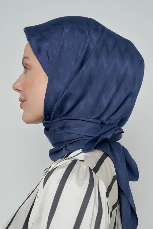 Pamuklu Eşarp Zikzak Desen - Lacivert