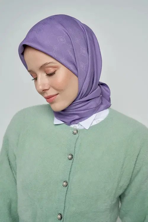 Pamuklu Eşarp Monogram Desen - Mor