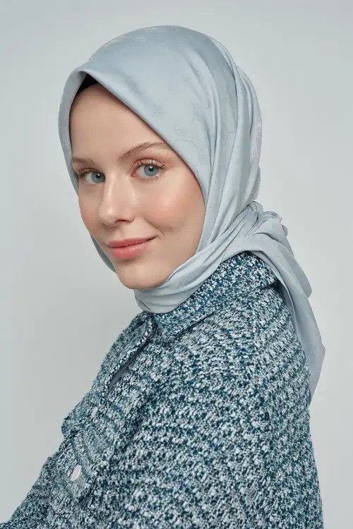 Pamuklu Eşarp Monogram Desen - Mavi Gri