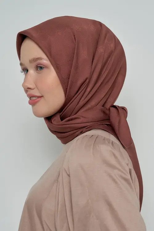 Pamuklu Eşarp Monogram Desen - Kahverengi