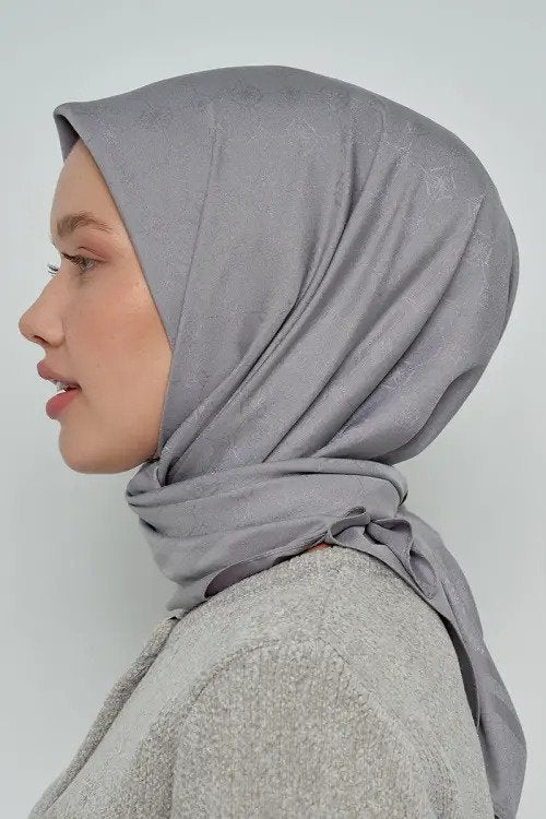 Pamuklu Eşarp Monogram Desen - Koyu Gri