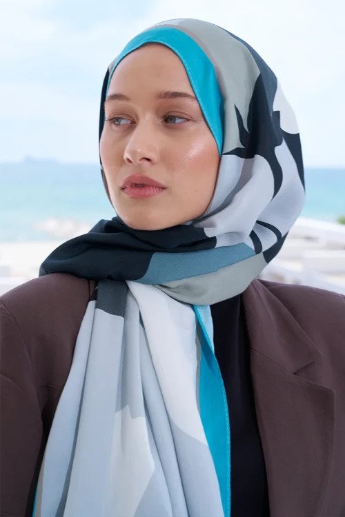 Curated Abstract Şal - Mavili Gri