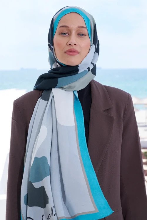 Curated Abstract Şal - Mavili Gri