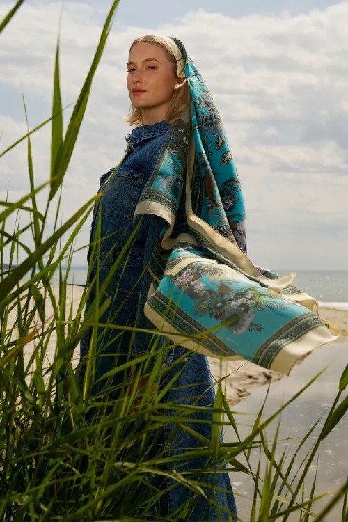 Table Pattern Cotton Silk Shawl - Petrol