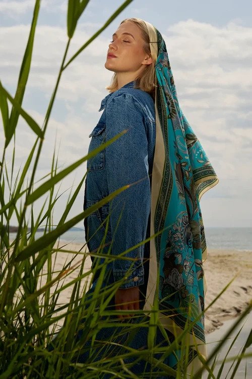 Table Pattern Cotton Silk Shawl - Petrol