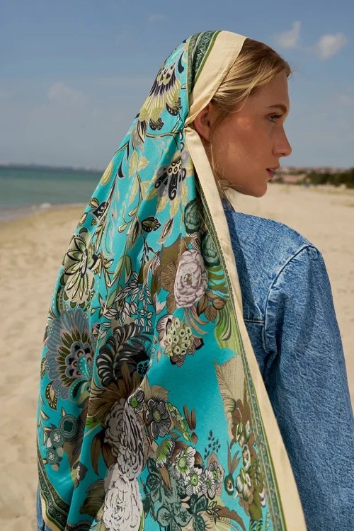 Tablo Desen Pamuk İpek Şal - Petrol