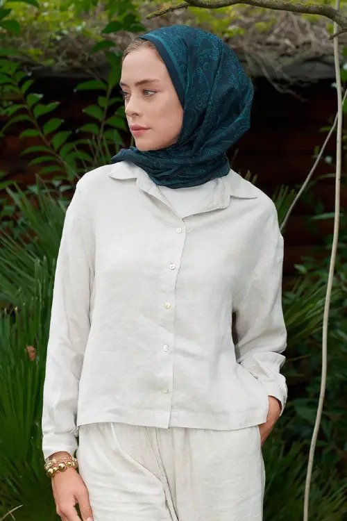 Astra Desen Pamuk İpek Şal - Petrol