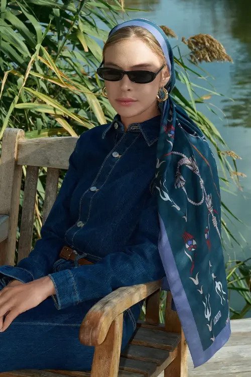 Sarmaşık Desen Pamuk İpek Şal - Lacivert