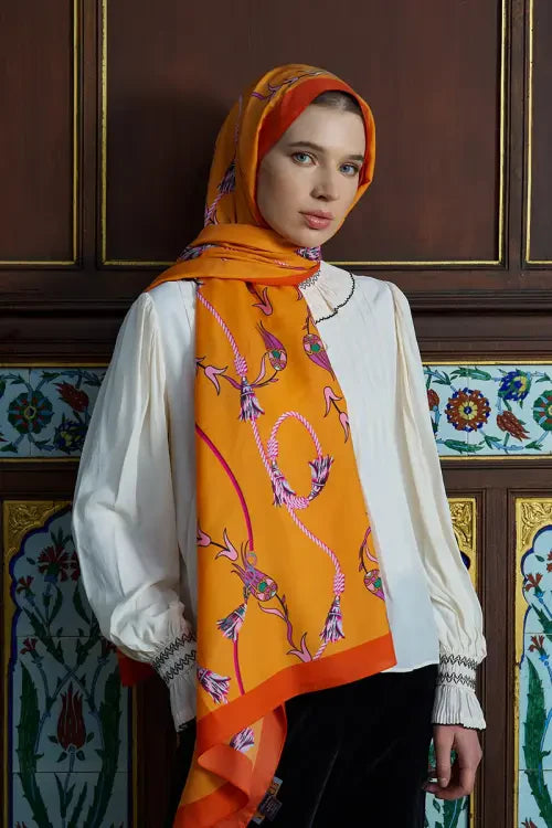 Ivy Pattern Cotton Silk Shawl - Orange