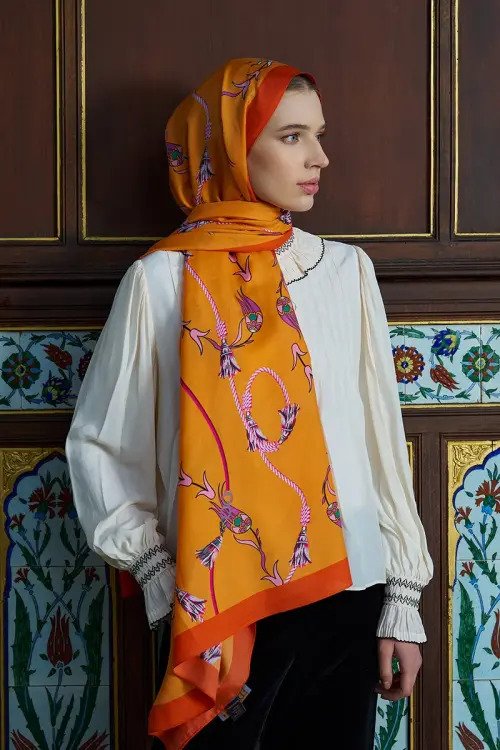 Ivy Pattern Cotton Silk Shawl - Orange