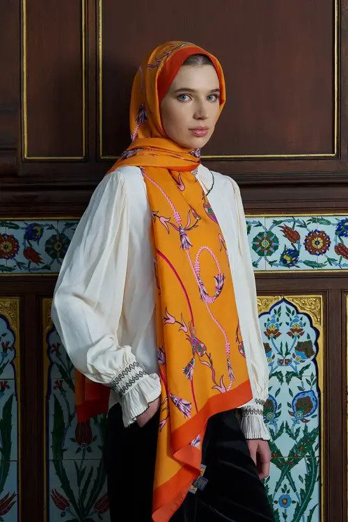 Ivy Pattern Cotton Silk Shawl - Orange
