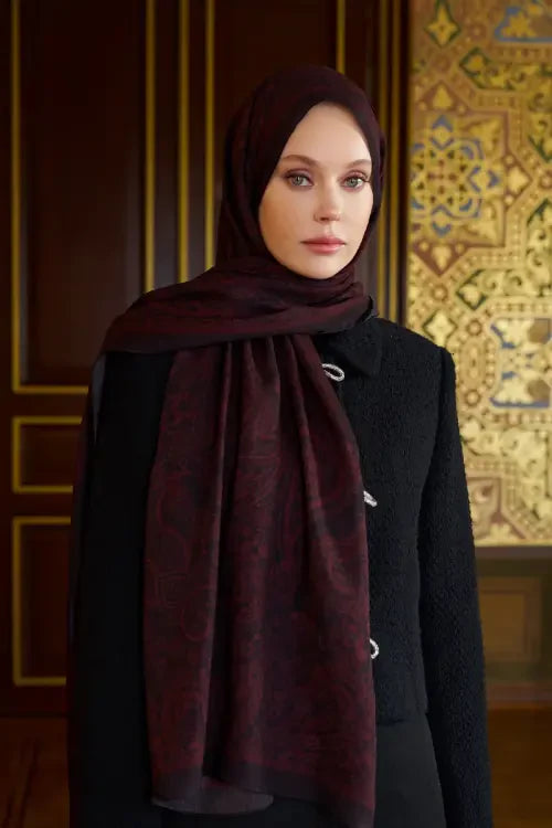 Pamuk İpek Floş Fiare Şal - Bordo