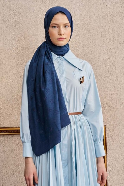 Double-Sided Logo Pattern Shawl - Navy Blue