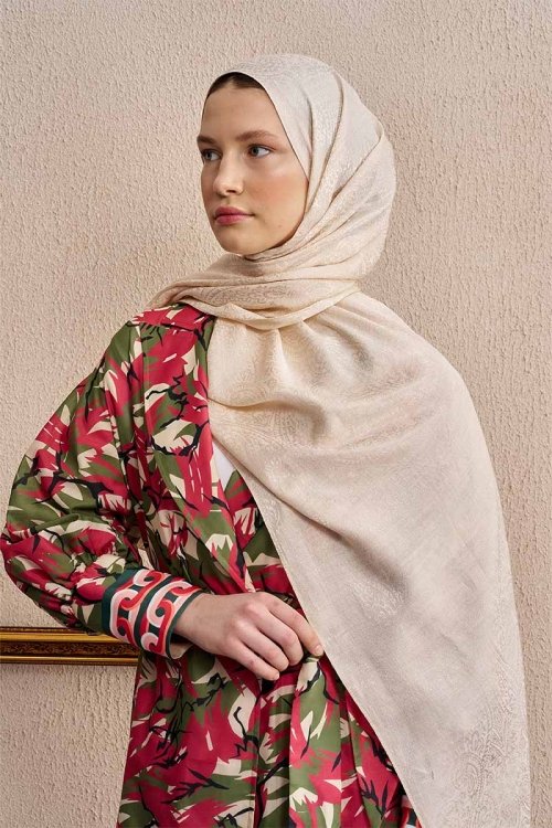 Double-Sided Ethnic Pattern Shawl - Cream