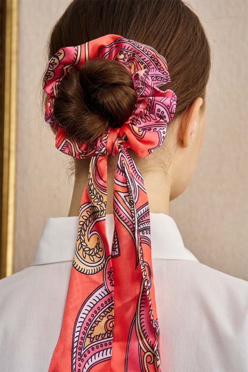 Scarf Detail Patterned Hair Clip - Orange