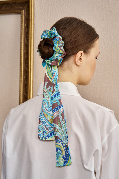 Scarf Detail Patterned Hair Clip - Blue
