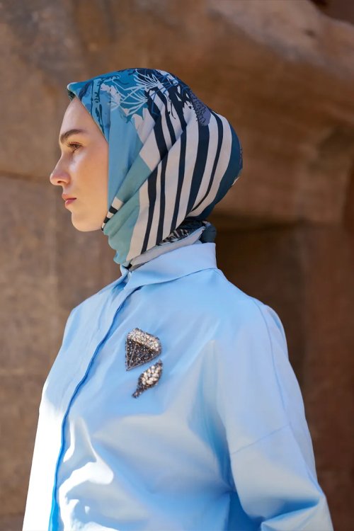 Glaze Botanic Desen Eşarp - Mavi