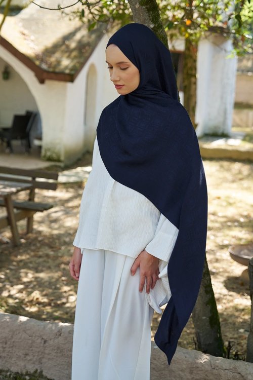 Naia Cotton Logo Pattern Shawl - Navy Blue