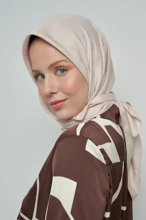 Pamuklu Eşarp Monogram Desen - Taş