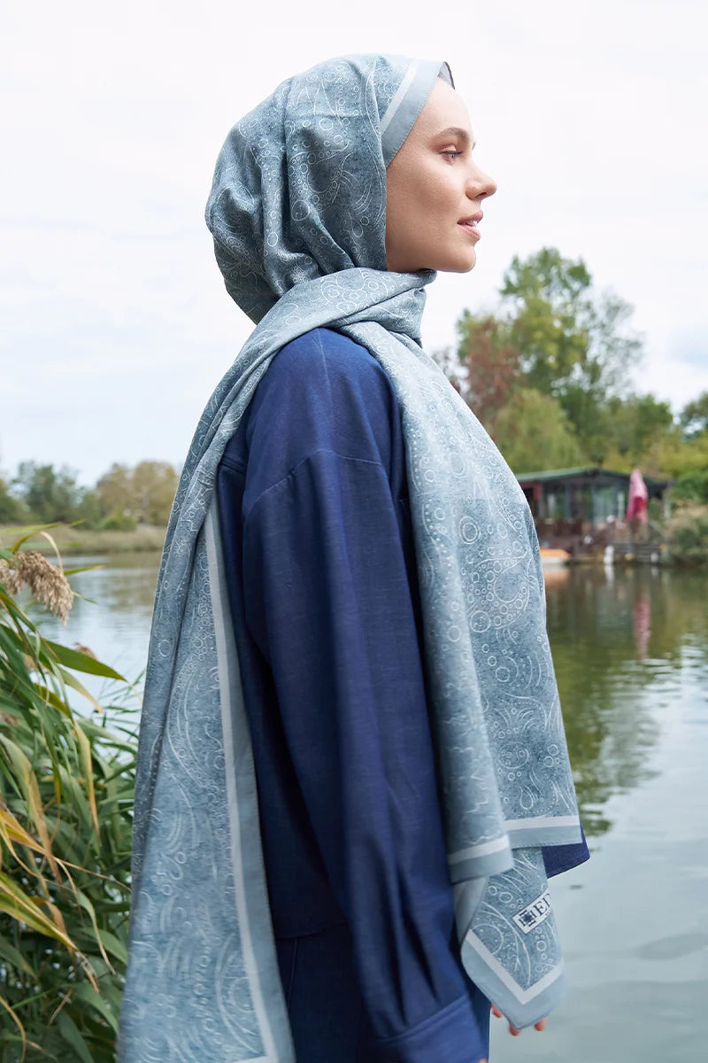 Astra Pattern Cotton Silk Shawl - Blue and Grey