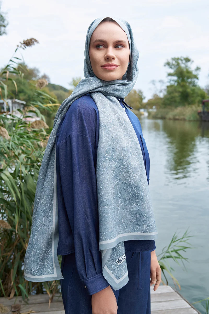 Astra Pattern Cotton Silk Shawl - Blue and Grey