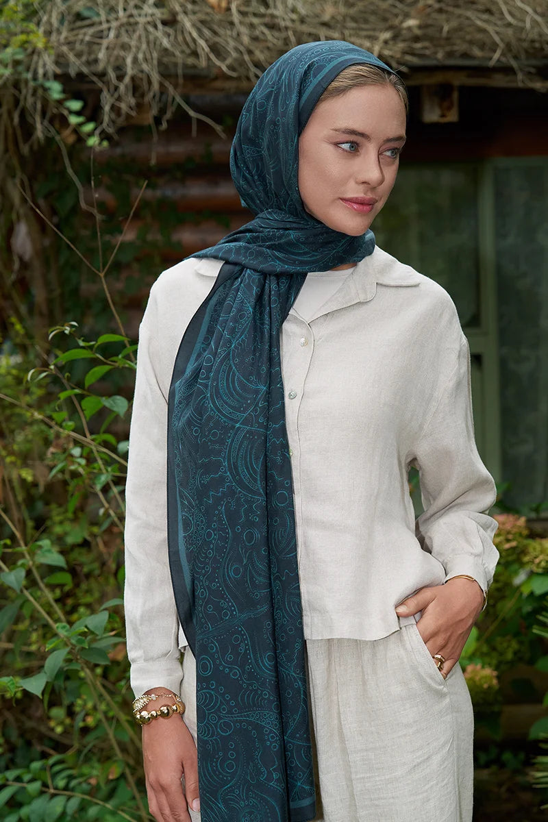 Astra Pattern Cotton Silk Shawl - Petrol