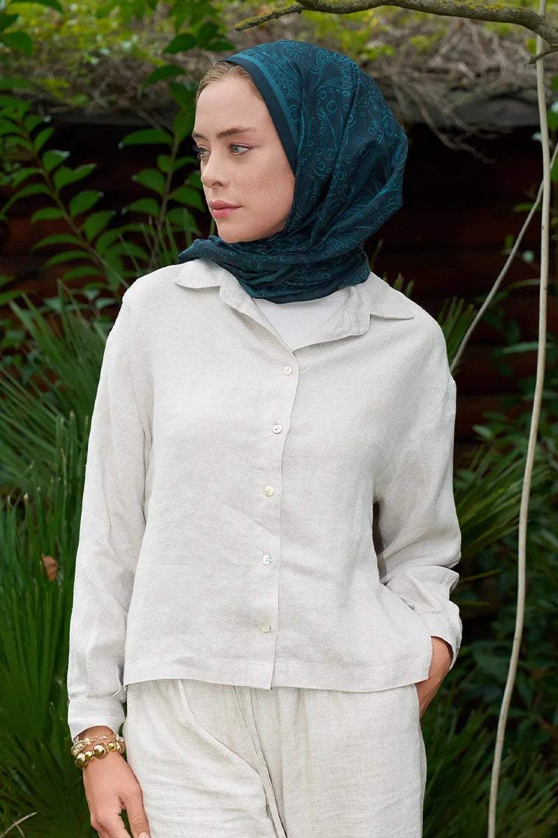 Astra Pattern Cotton Silk Shawl - Petrol