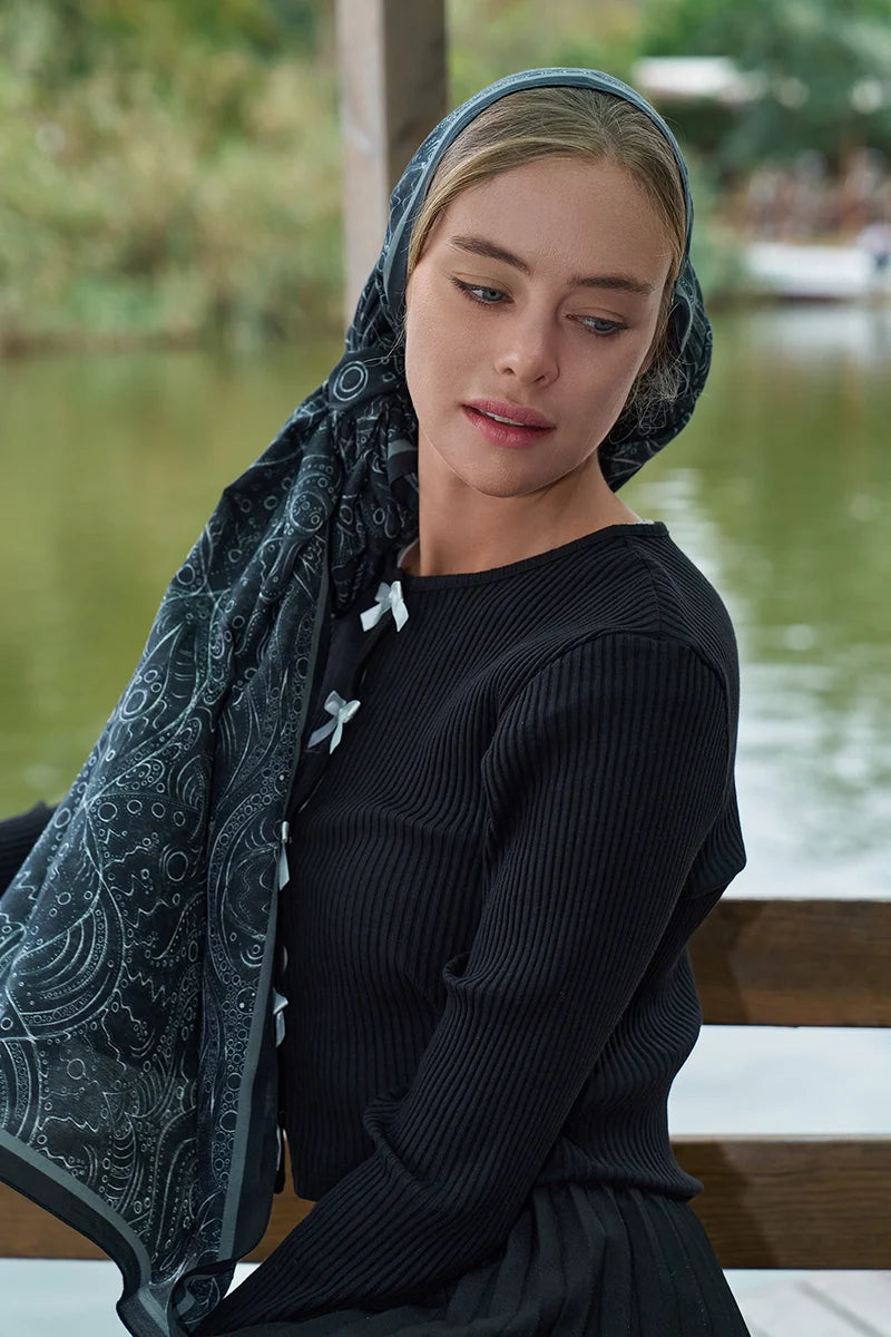 Astra Pattern Cotton Silk Shawl - Black