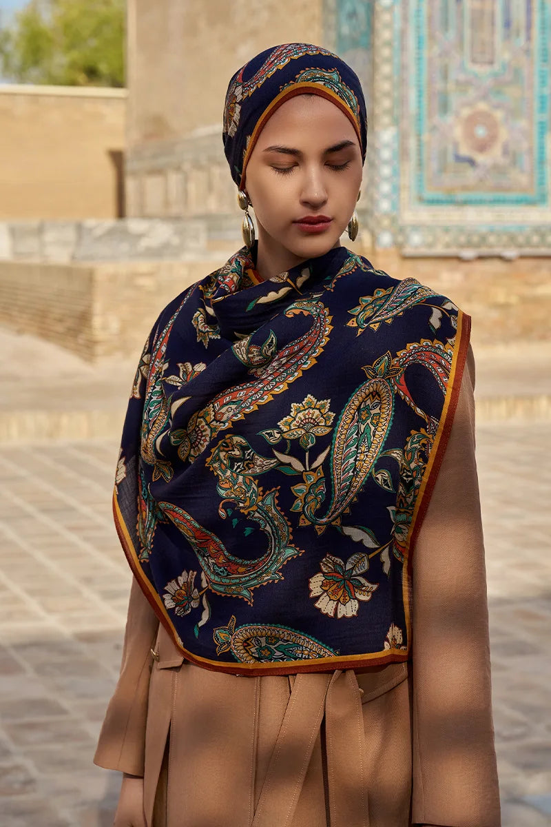 Bade Yün İpek Şal - Lacivert