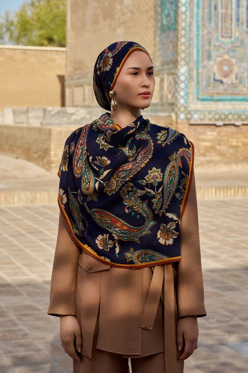 Bade Yün İpek Şal - Lacivert