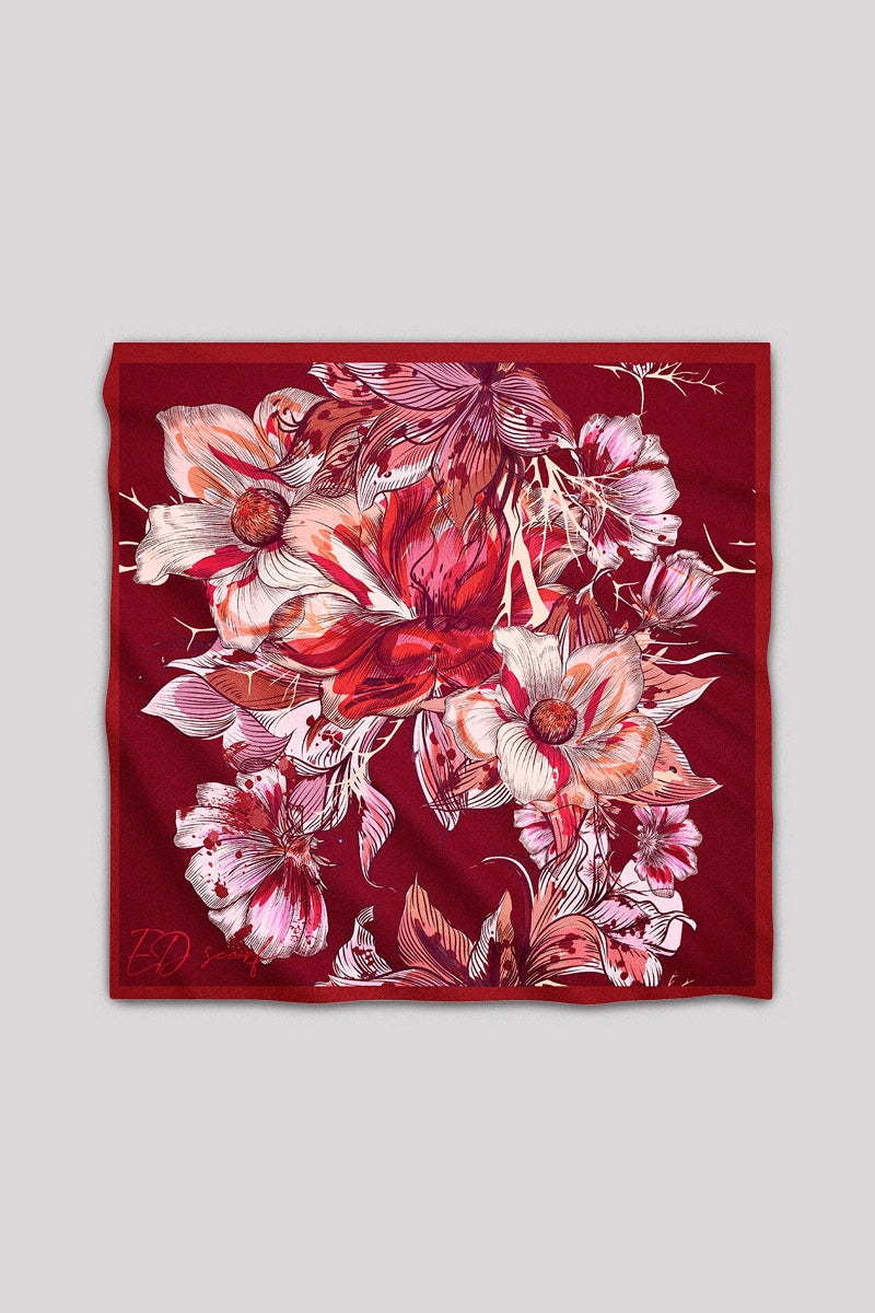 Çiçek Desen Viskon Floş Eşarp - Bordo