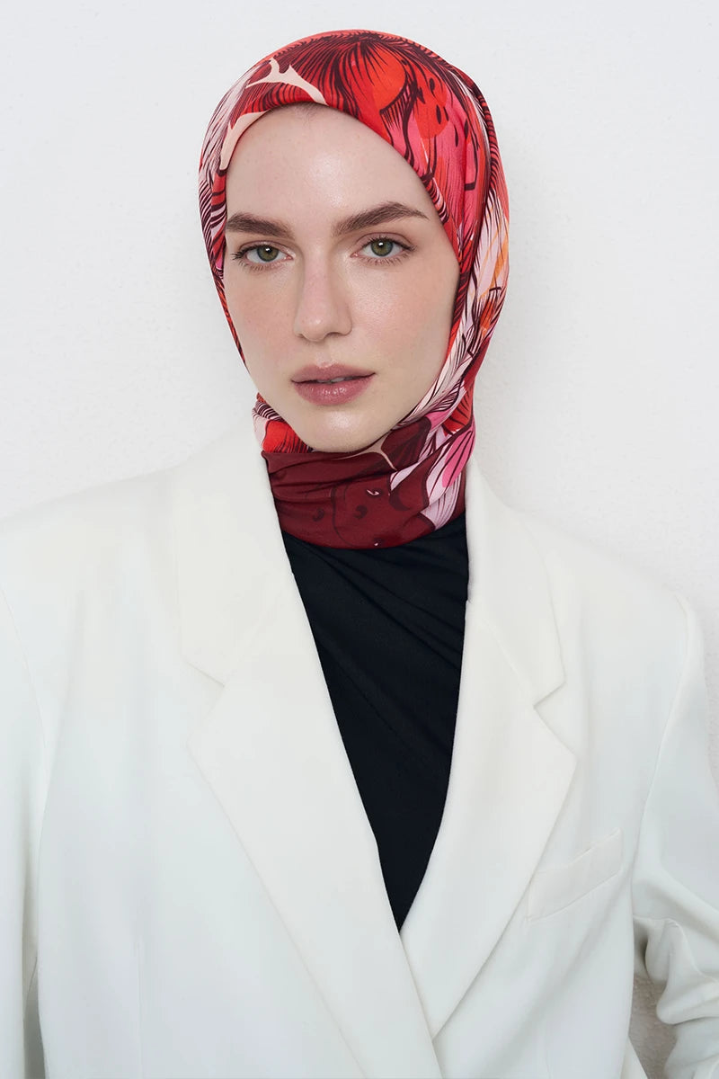 Çiçek Desen Viskon Floş Eşarp - Bordo