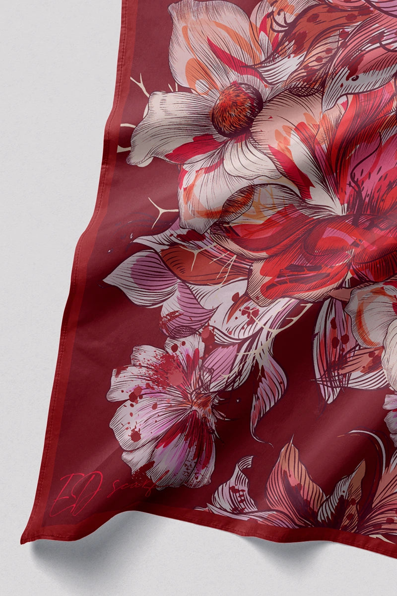 Çiçek Desen Viskon Floş Eşarp - Bordo