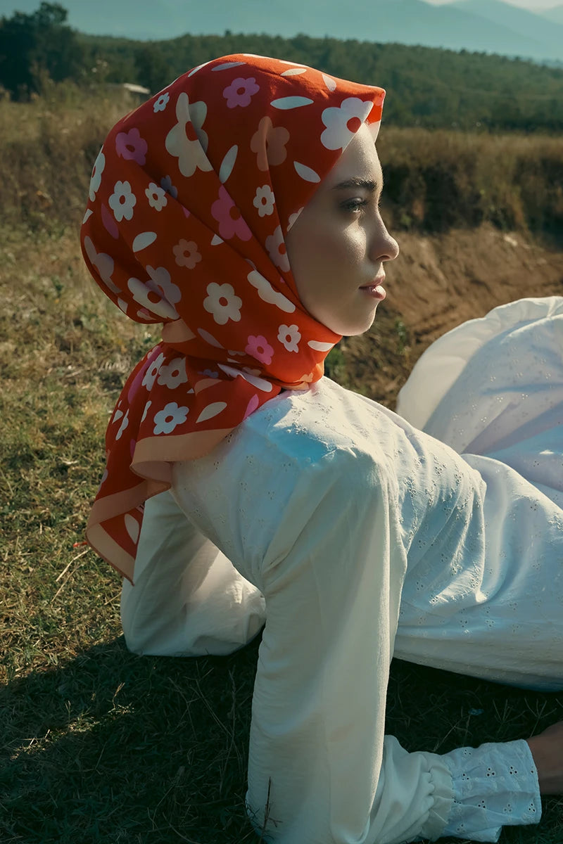 Desenli Modal Eşarp Çiçek - Kırmızı