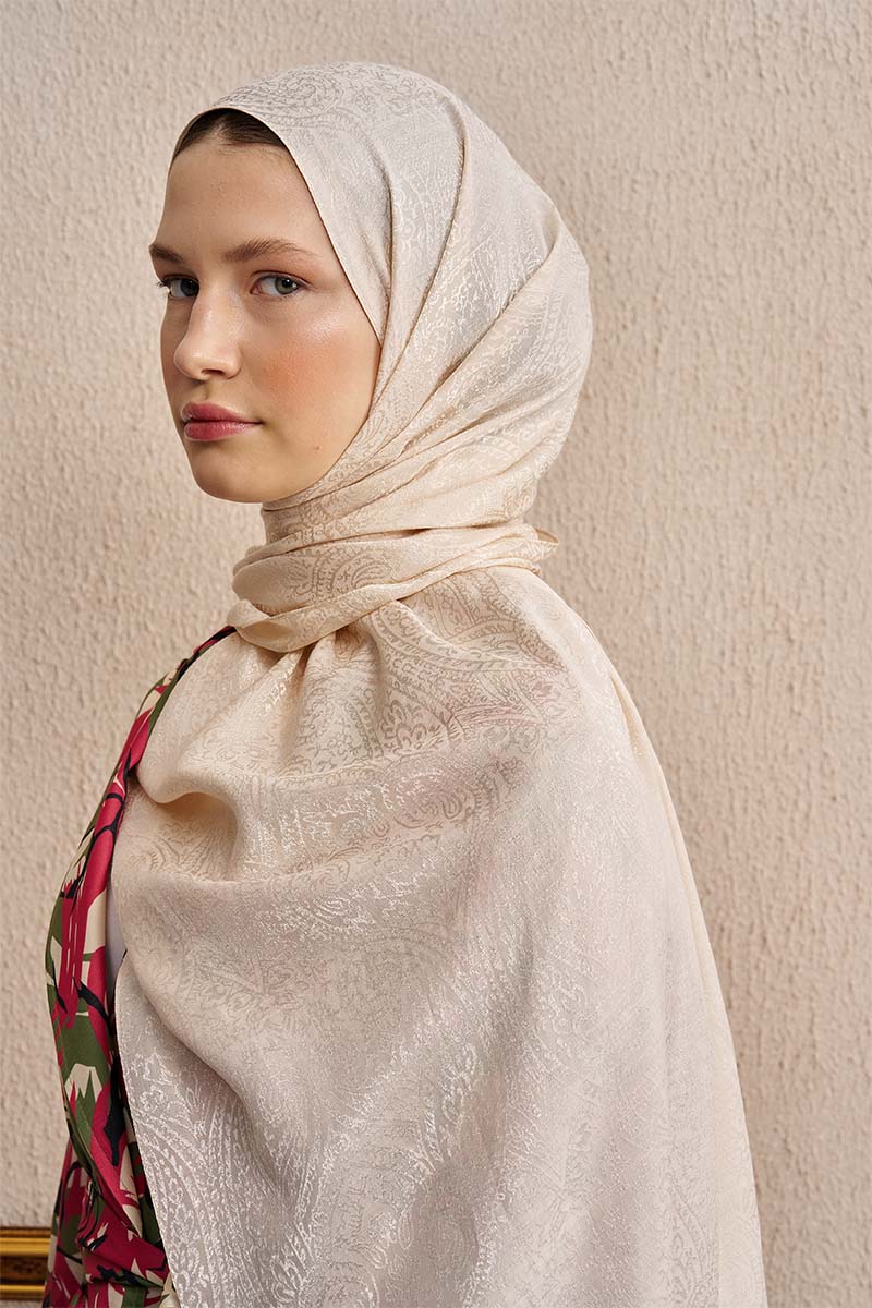 Double-Sided Ethnic Pattern Shawl - Cream