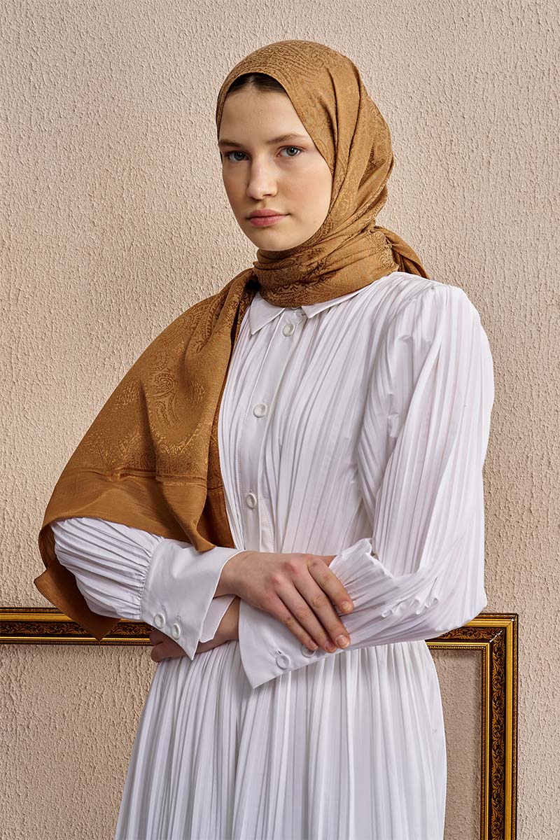 Çift Taraflı Etnik Desen Şal - Camel