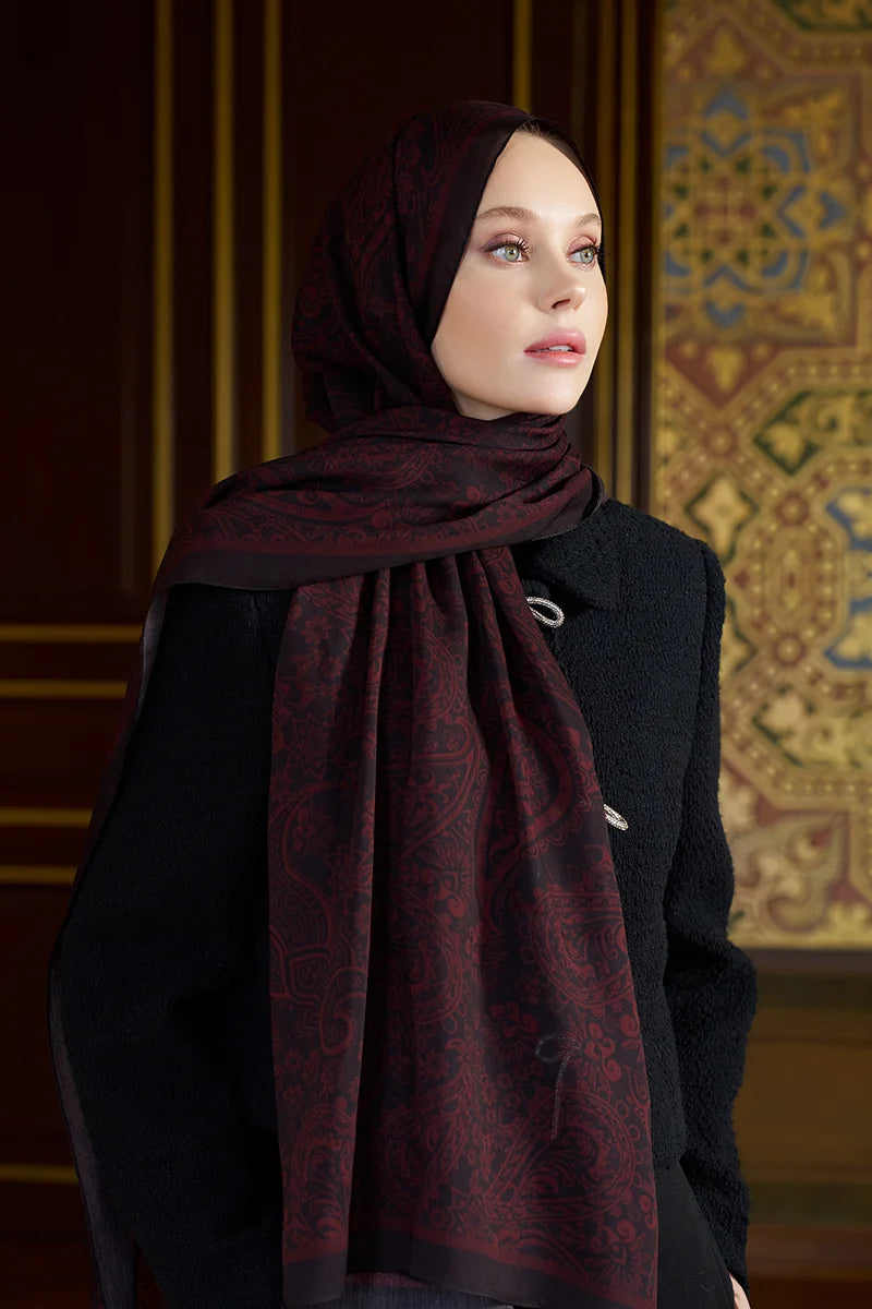 Pamuk İpek Floş Fiare Şal - Bordo