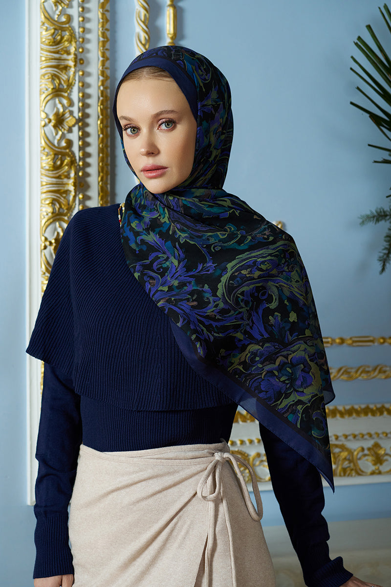 Pamuk İpek Floş Grace Şal - Gece Mavisi