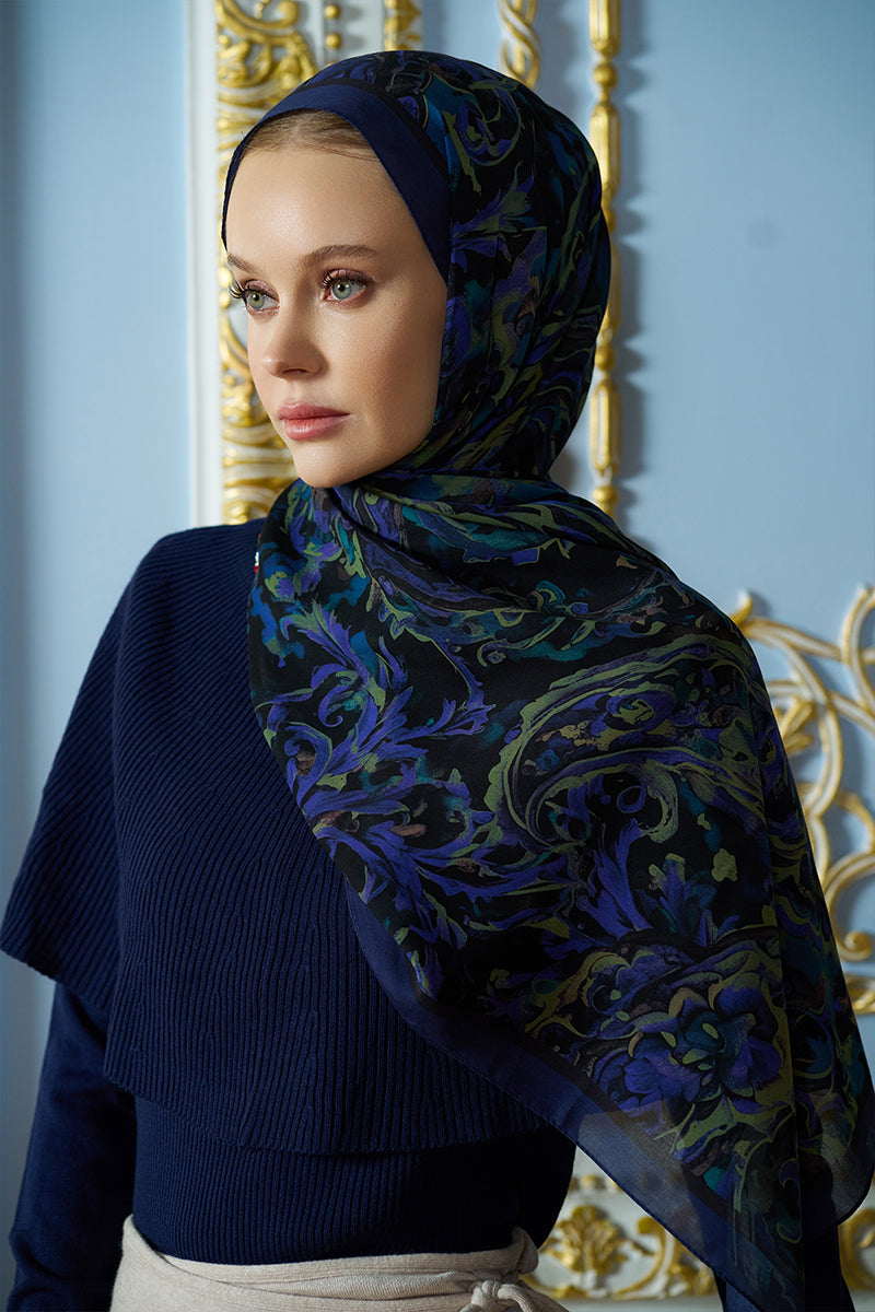Pamuk İpek Floş Grace Şal - Gece Mavisi