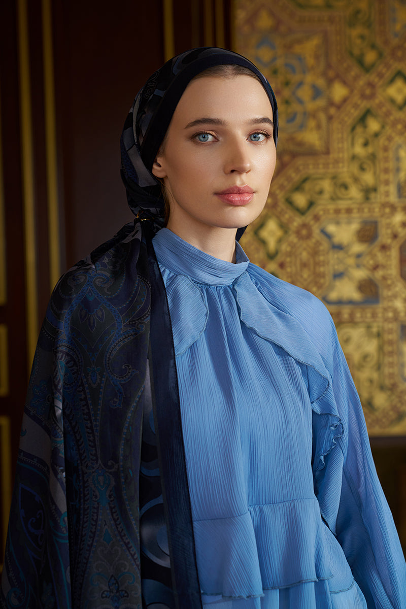 Pamuk İpek Floş Vespera Şal - Lacivert