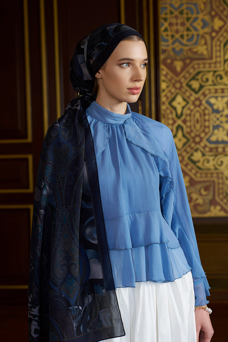 Pamuk İpek Floş Vespera Şal - Lacivert