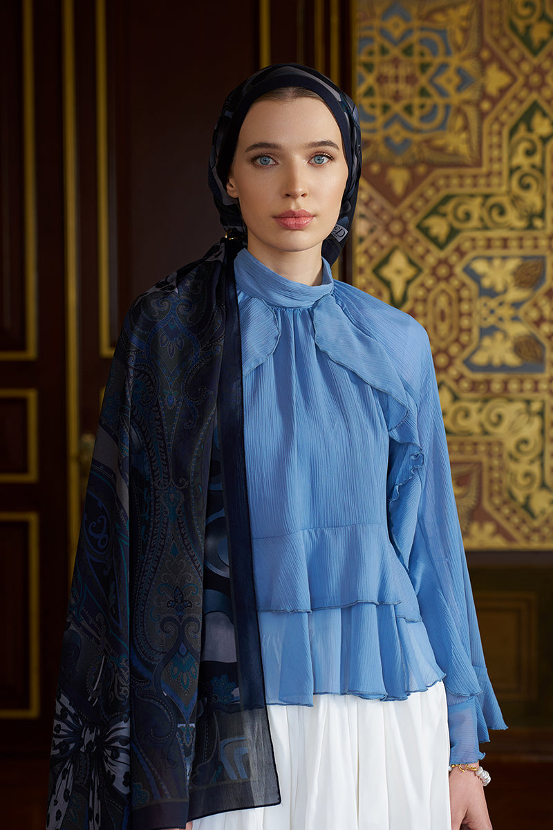 Pamuk İpek Floş Vespera Şal - Lacivert